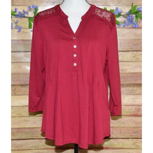 NY Collection Women's V-Neck 1/4 Button Up Blouse 1X 3/4 Ruched Sleeve Lace - Picture 1 of 12